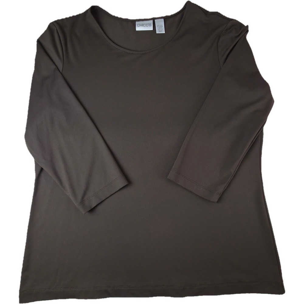 Chico's Top Women Size 3 Brown 3/4 Sleeve Scoop Neck Stretch Snag Excellent